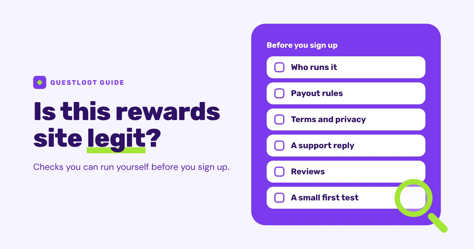 Checklist card with empty boxes for company, payout rules, terms, support, reviews and a first test, with a magnifying glass.