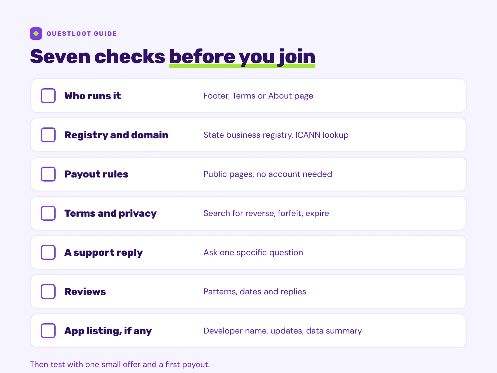 Checklist of seven checks before joining a rewards site, each with an empty box and where to look.